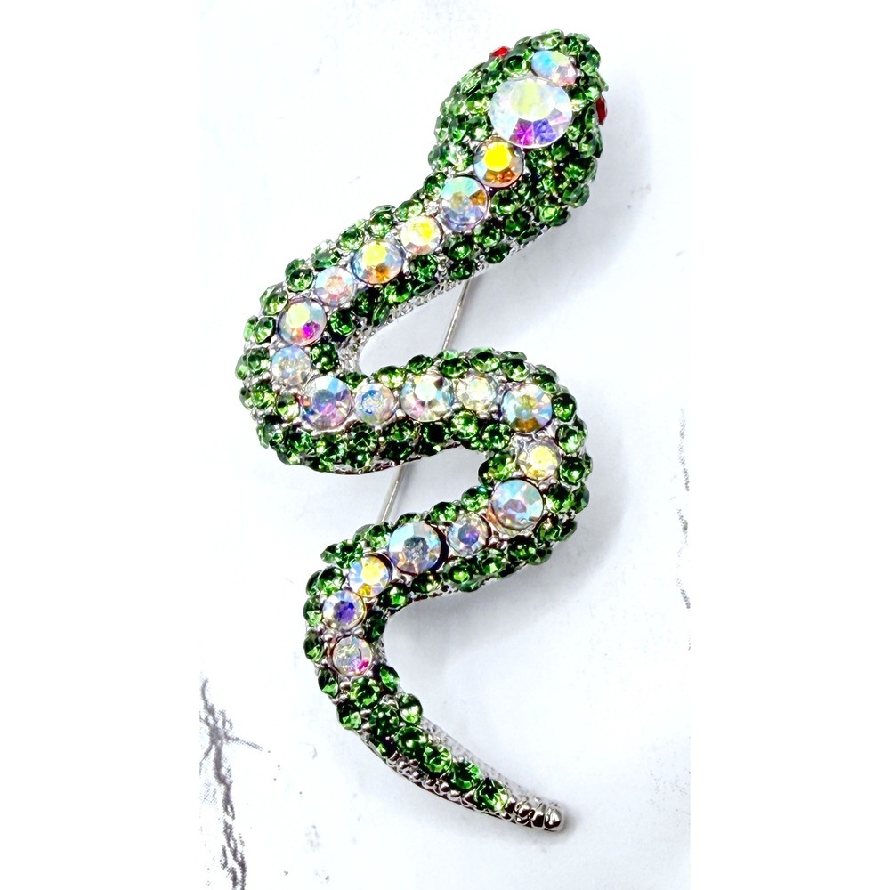 Large Snake Brooch Silver Tone Green AB Rhinestone Serpent Pin 2.5"